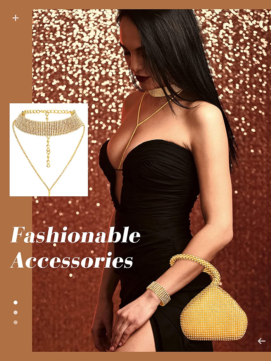 Quelay 4 Pieces Women Crystal Jewelry Set Rhinestone Tassel Necklace Stretch Bangle Bracelet Crystal Dangle Fringe Earrings and Rhinestone Handbag for Wedding Party (Glitter Silver,Medium) - Image 3